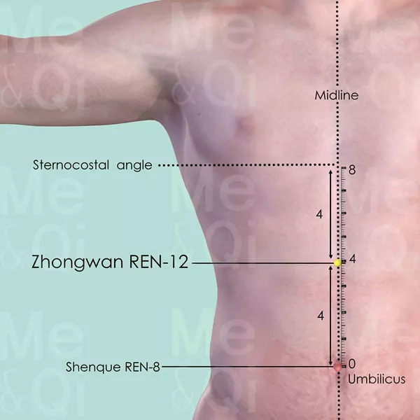 Zhongwan REN-12 - Skin view - Acupuncture point on Directing Vessel
