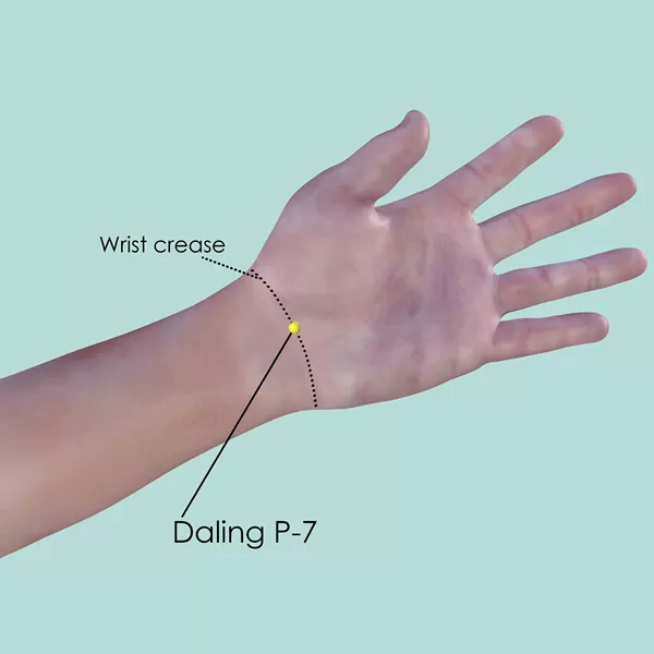 Daling P-7 - Skin view - Acupuncture point on Pericardium Channel